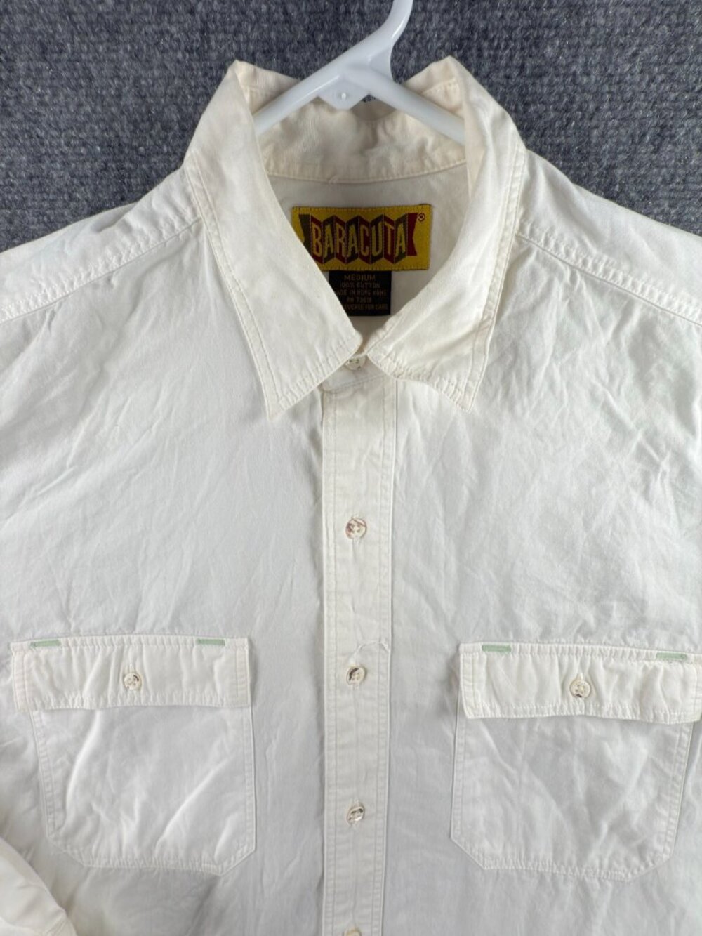Baracuta Long Sleeve White Button Up Shirt Men Cotton Medium Double Pocket Adult